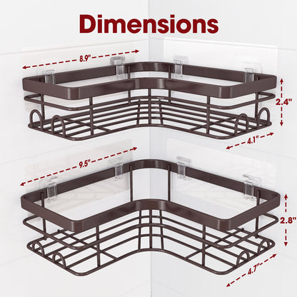 Sakugi Corner Shower Caddy - 2 Pack, Adhesive Shower Organizers, Rustproof Stainless Steel Shower Shelves with 8 Hooks, No Drilling Bathroom Organizers and Storage Racks, Space-Saving, Black