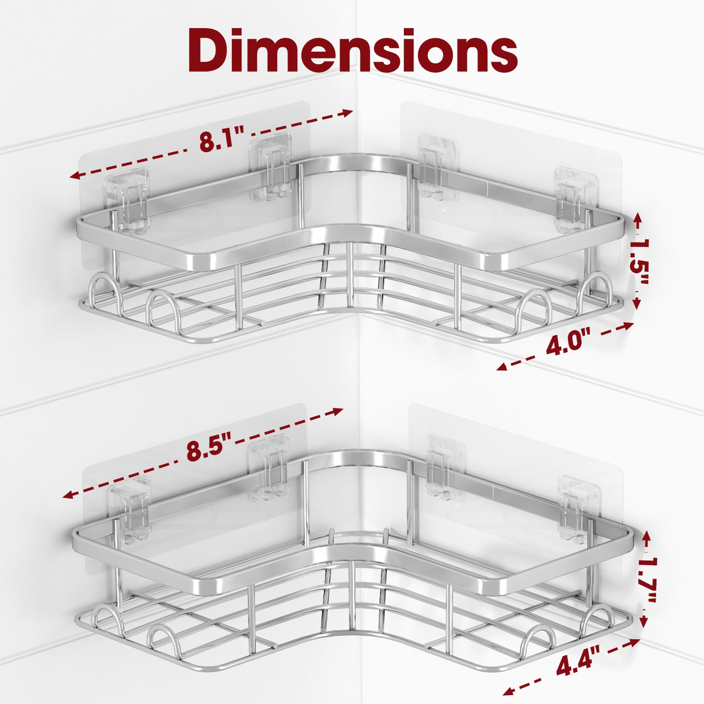 Sakugi Corner Shower Caddy - 2 Pack, Adhesive Shower Organizers, Rustproof Stainless Steel Shower Shelves with 8 Hooks, No Drilling Bathroom Organizers and Storage Racks, Space-Saving, Black