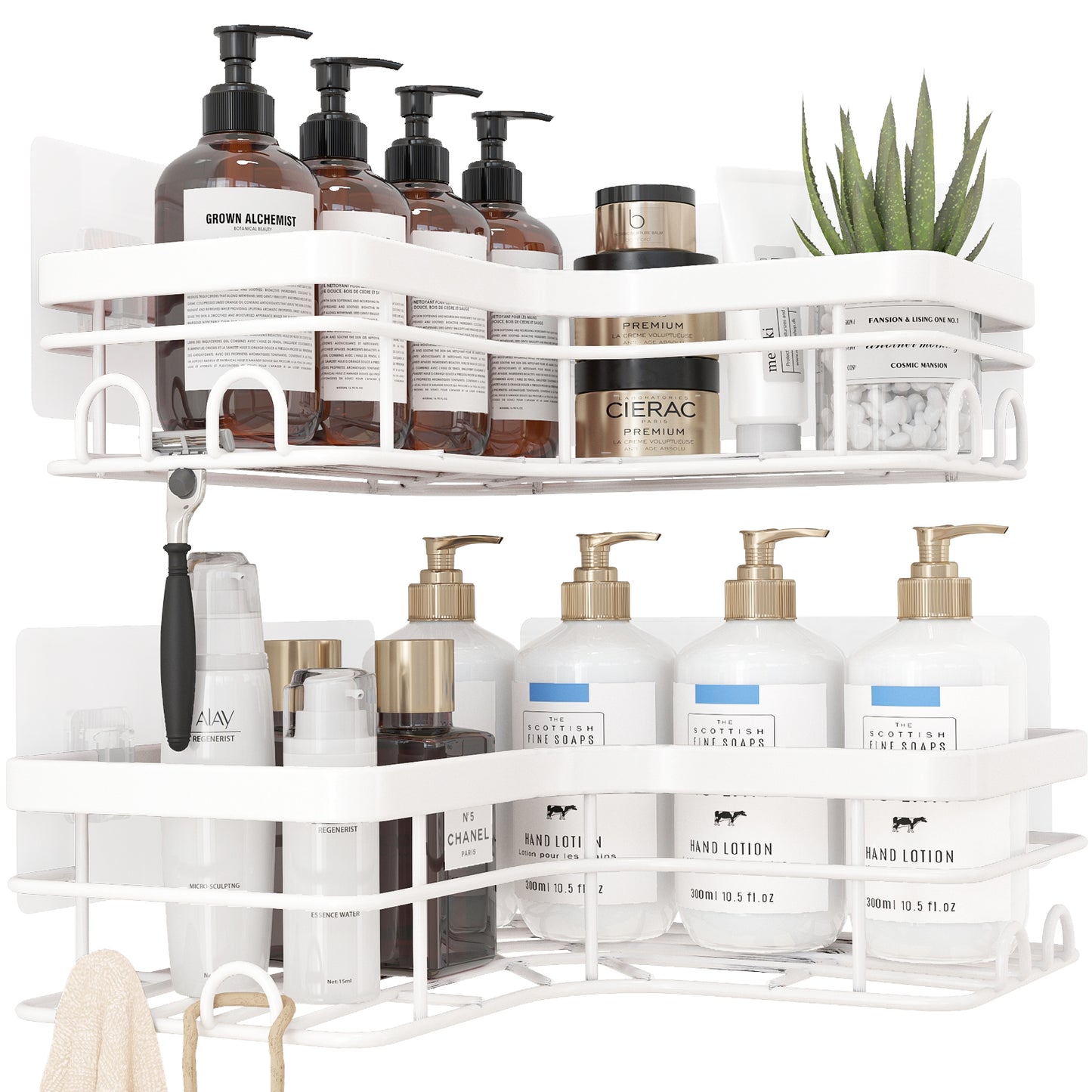 Sakugi Corner Shower Caddy - 2 Pack, Adhesive Shower Organizers, Rustproof Stainless Steel Shower Shelves with 8 Hooks, No Drilling Bathroom Organizers and Storage Racks, Space-Saving, Black