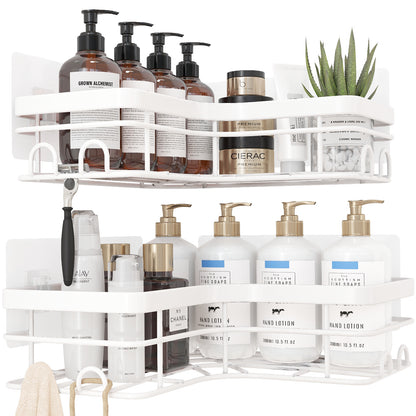 Sakugi Corner Shower Caddy - 2 Pack, Adhesive Shower Organizers, Rustproof Stainless Steel Shower Shelves with 8 Hooks, No Drilling Bathroom Organizers and Storage Racks, Space-Saving, Black