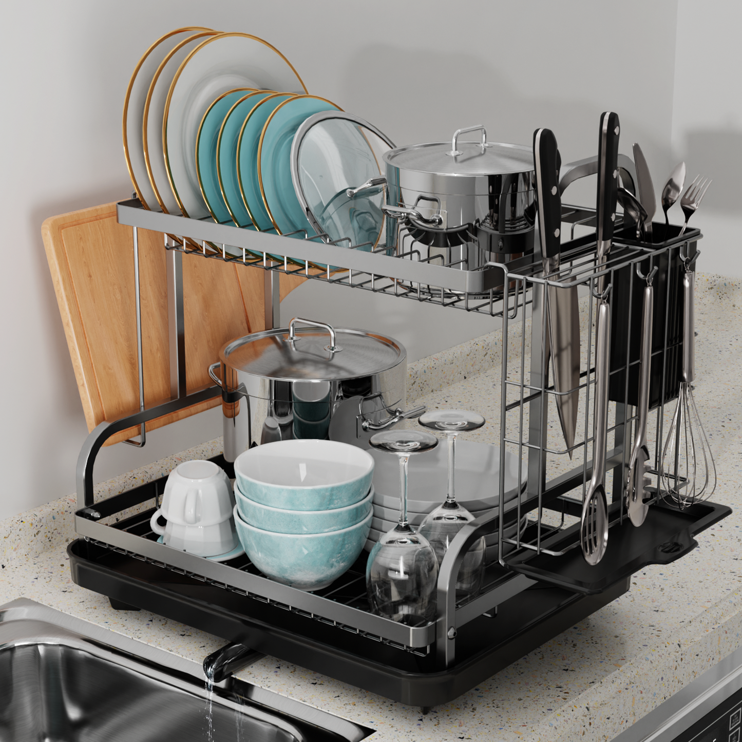 Sakugi Dish Drying Rack for Countertop - Rustproof Dish Rack, Space-Saving & Multipurpose Drying Rack for Kitchen Counter with Utensil Holder, Large-Capacity 2-Tier Dish Drying Rack, Grey