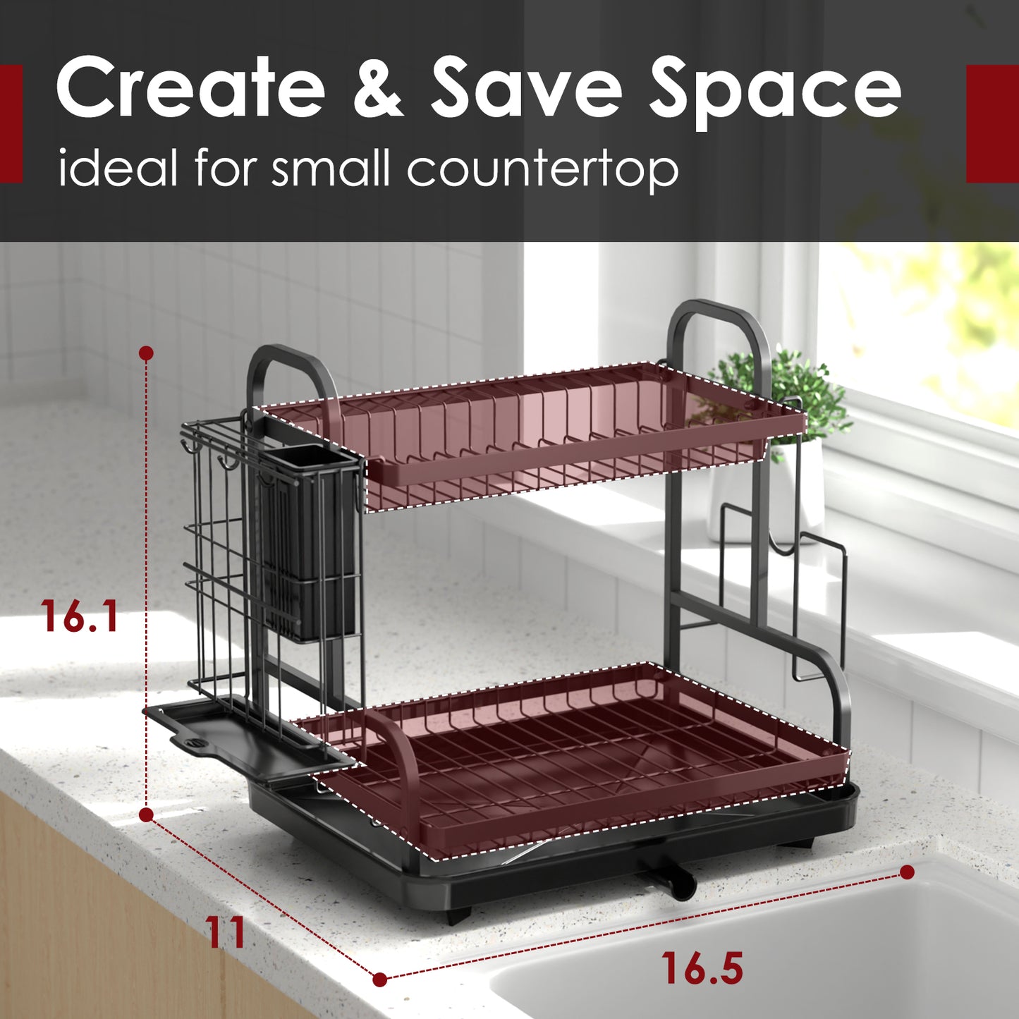 Sakugi Dish Drying Rack for Countertop - Rustproof Space-Saving & Multipurpose 2-Tier Dish Rack for Kitchen Counter with Utensil Holder, Large-Capacity, Black