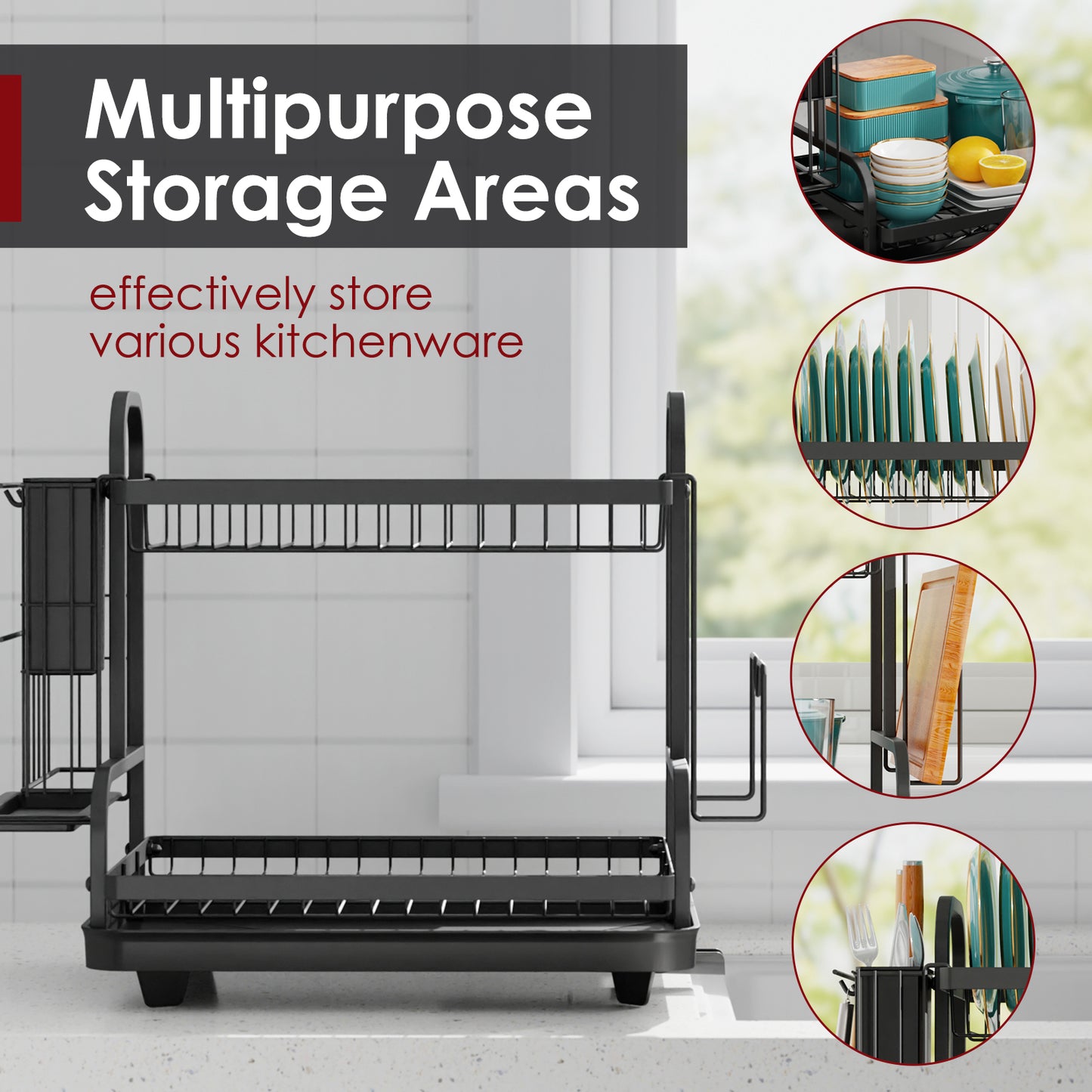 Sakugi Dish Drying Rack for Countertop - Rustproof Space-Saving & Multipurpose 2-Tier Dish Rack for Kitchen Counter with Utensil Holder, Large-Capacity, Black