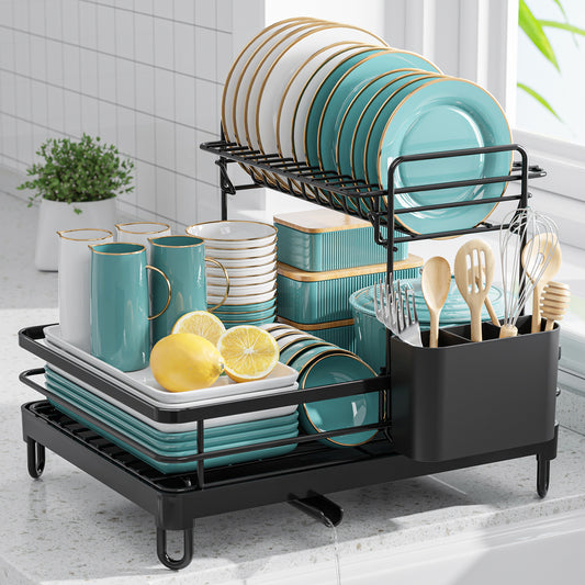 Sakugi Dish Drying Rack - X-Large Stainless Steel Dish Rack for Kitchen Counter, 2-Tier Kitchen Organizers and Storage for Dishes, Bowls, Cutlery, Black