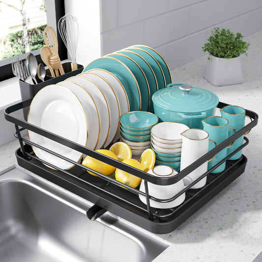 Sakugi Dish Drying Rack, Compact Dish Racks for Kitchen Counter, 15''L x 12''W x 5''H , Black