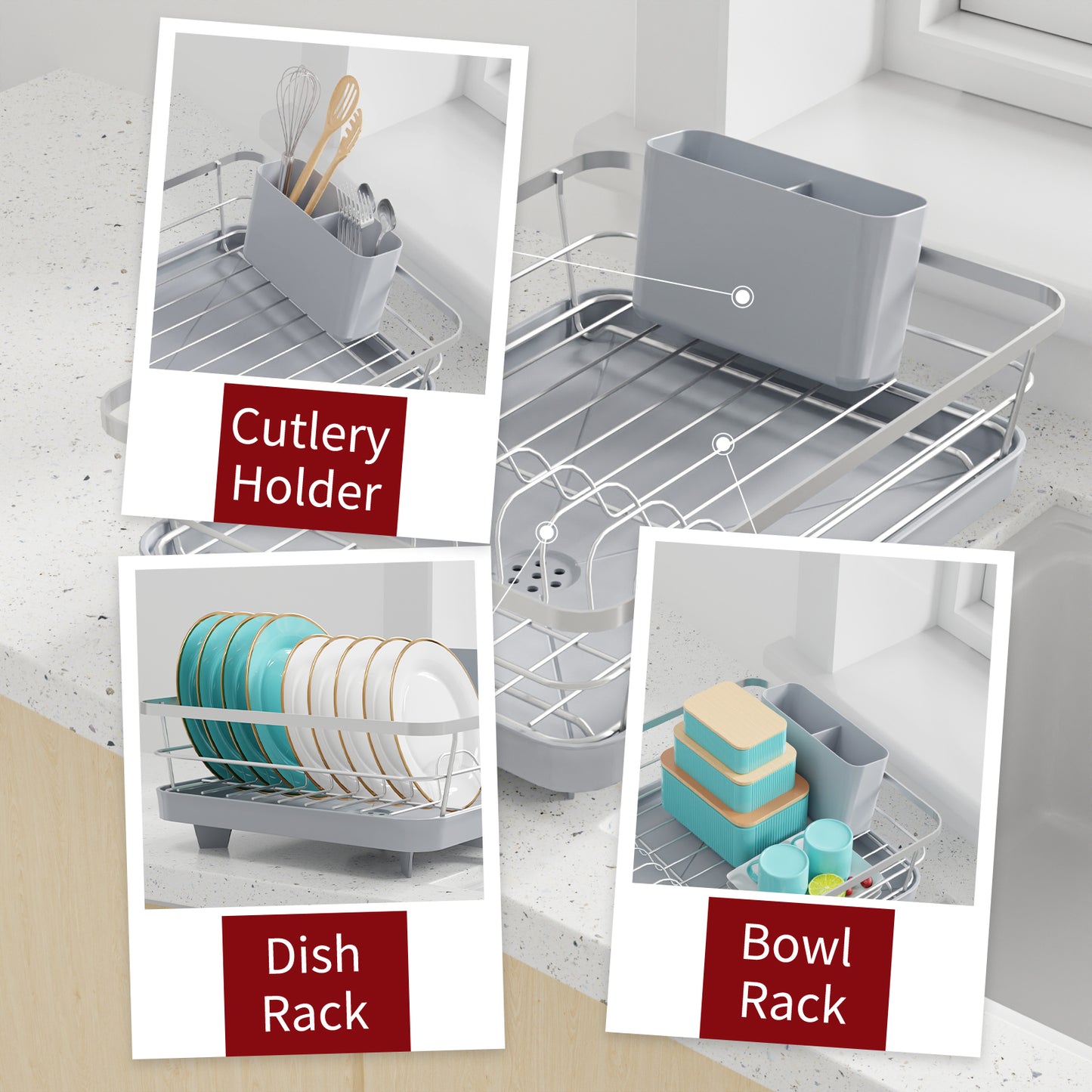 Sakugi Dish Drying Rack - Compact Dish Rack for Kitchen Counter with a Cutlery Holder, Durable Stainless Steel Kitchen Dish Rack for Various Tableware, Dish Drying Rack with Easy Installation,Silver