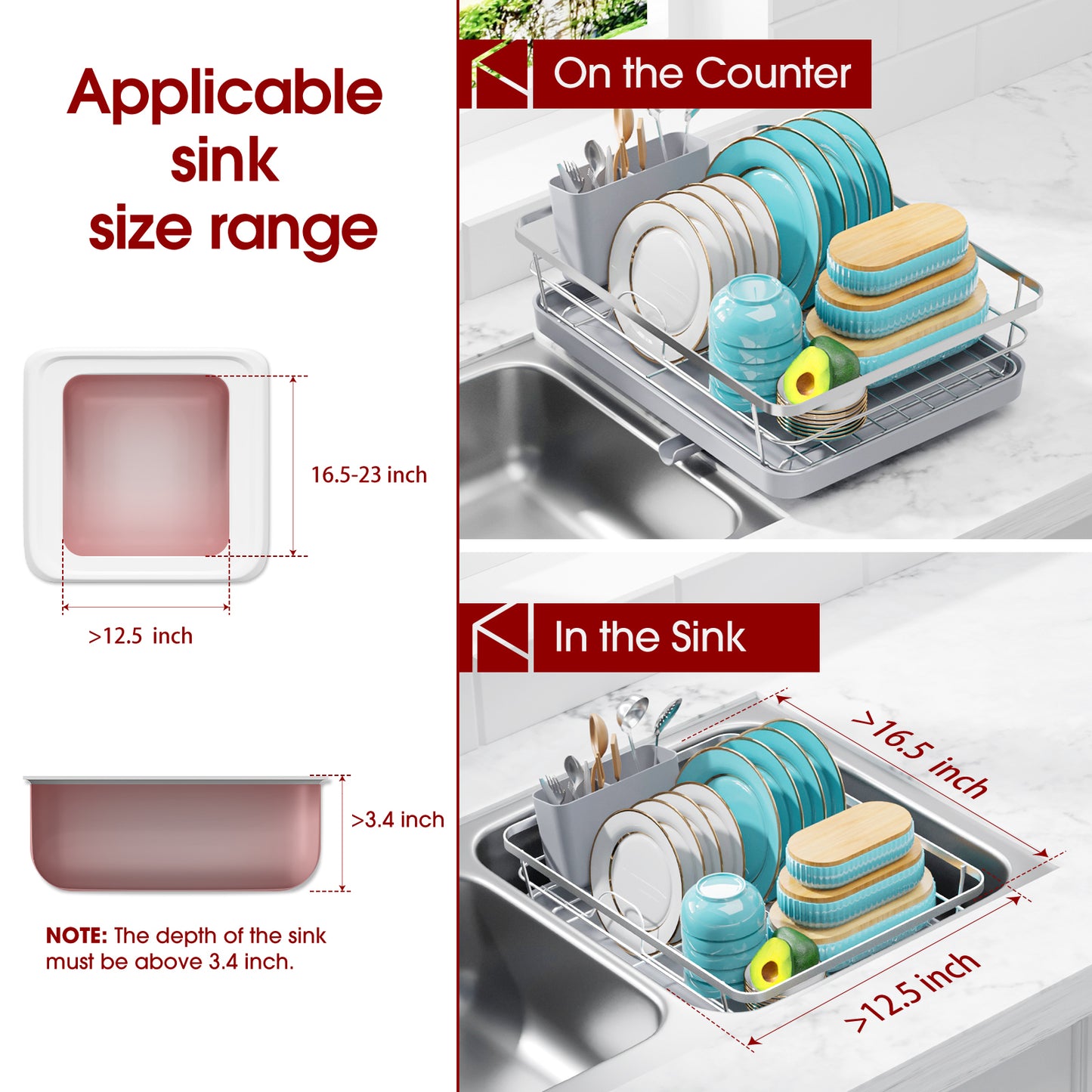 Sakugi Dish Drying Rack - Compact Dish Rack for Kitchen Counter with a Cutlery Holder, Durable Stainless Steel Kitchen Dish Rack for Various Tableware, Dish Drying Rack with Easy Installation,Silver