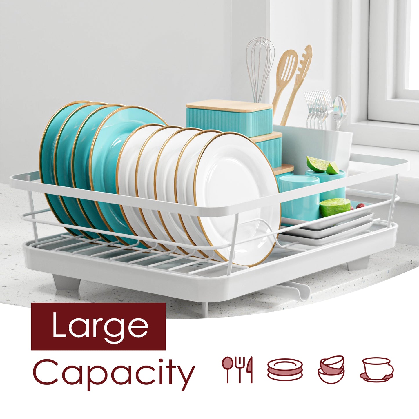 Sakugi Dish Drying Rack - Compact Dish Rack for Kitchen Counter with a Cutlery Holder, Durable Stainless Steel Kitchen Dish Rack for Various Tableware, Dish Drying Rack with Easy Installation, White