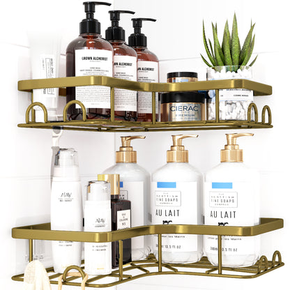 Sakugi Corner Shower Caddy - 2 Pack, Adhesive Shower Organizers, Rustproof Stainless Steel Shower Shelves with 8 Hooks, No Drilling Bathroom Organizers and Storage Racks, Space-Saving, Black