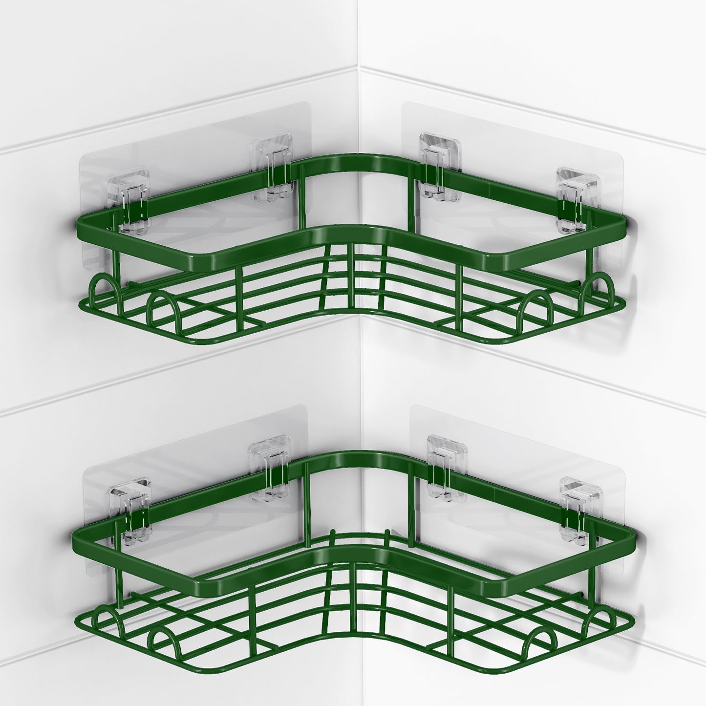 Sakugi Corner Shower Caddy - 2 Pack, Adhesive Shower Organizers, Rustproof Stainless Steel Shower Shelves with 8 Hooks, No Drilling Bathroom Organizers and Storage Racks, Space-Saving, Black