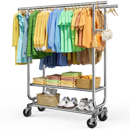 Sakugi Stainless Steel Clothes Rack with Wheels - Heavy-Duty Double Rod Garment Rack with 2-Tier Shelves & Side Bars, Rolling Closet Rack for Bedroom & Laundry Room, 42.5"x 16.9"x 65.2",Silver
