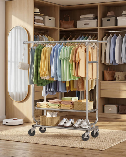 Sakugi Stainless Steel Clothes Rack with Wheels - Heavy-Duty Double Rod Garment Rack with 2-Tier Shelves & Side Bars, Rolling Closet Rack for Bedroom & Laundry Room, 42.5"x 16.9"x 65.2",Silver
