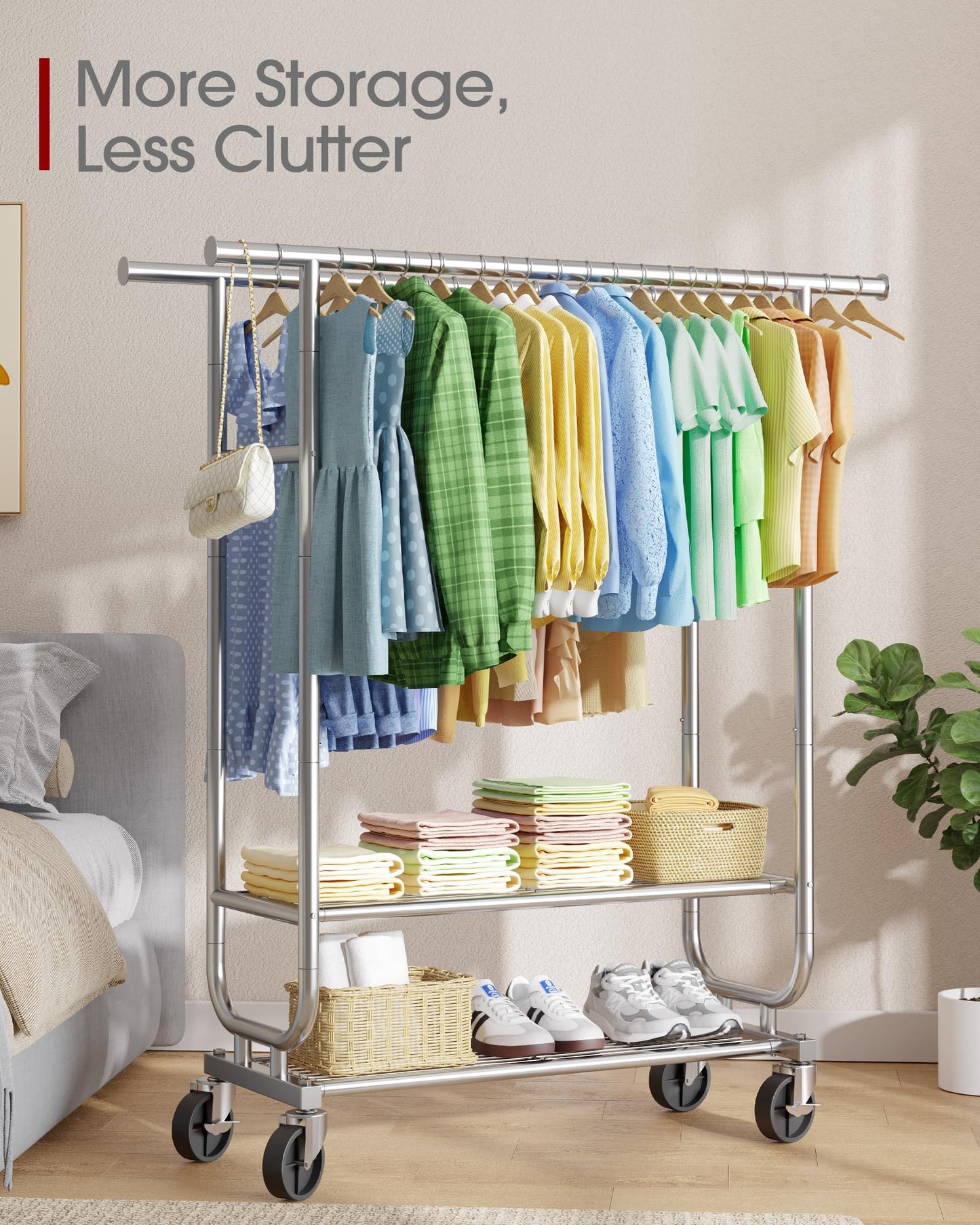Sakugi Stainless Steel Clothes Rack with Wheels - Heavy-Duty Double Rod Garment Rack with 2-Tier Shelves & Side Bars, Rolling Closet Rack for Bedroom & Laundry Room, 42.5"x 16.9"x 65.2",Silver
