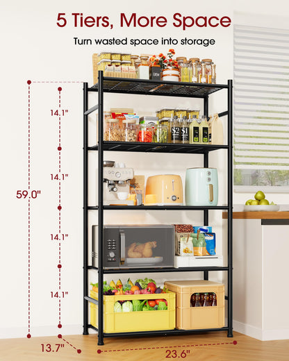 Sakugi Storage Shelves - 5-Tier Metal Storage Shelves with Wall Anchoring Kit & Leveling Feet, Sturdy Steel Shelf Organizer for Kitchen, Laundry Room, Bathroom, 23.6" x 13.7" x 59", Black