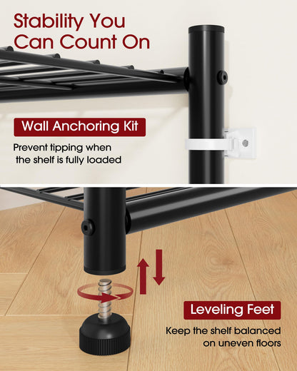 Sakugi Storage Shelves - 5-Tier Metal Storage Shelves with Wall Anchoring Kit & Leveling Feet, Sturdy Steel Shelf Organizer for Kitchen, Laundry Room, Bathroom, 23.6" x 13.7" x 59", Black
