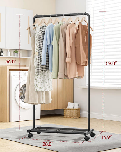 Sakugi Clothes Rack - Clothing Rack with Storage Mesh Shelf & Casters, Heavy-Duty Metal Clothing Rack for Hanging Clothes, Dresses, Coats, Large Load Capacity, Easy Assembly, Black, 28.0"x16.9"x59.0"