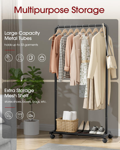Sakugi Clothes Rack - Clothing Rack with Storage Mesh Shelf & Casters, Heavy-Duty Metal Clothing Rack for Hanging Clothes, Dresses, Coats, Large Load Capacity, Easy Assembly, Black, 28.0"x16.9"x59.0"