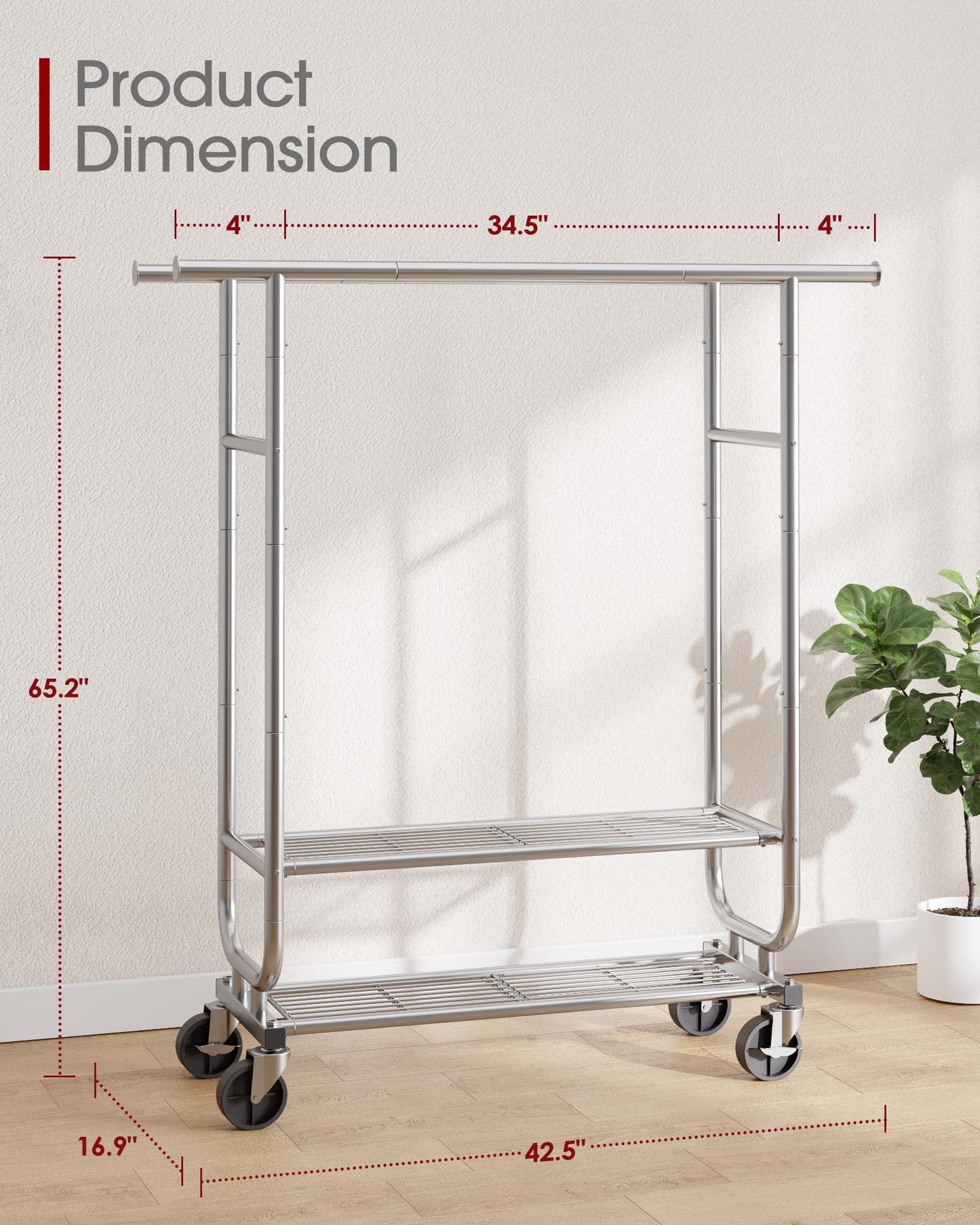 Sakugi Stainless Steel Clothes Rack with Wheels - Heavy-Duty Double Rod Garment Rack with 2-Tier Shelves & Side Bars, Rolling Closet Rack for Bedroom & Laundry Room, 42.5"x 16.9"x 65.2",Silver