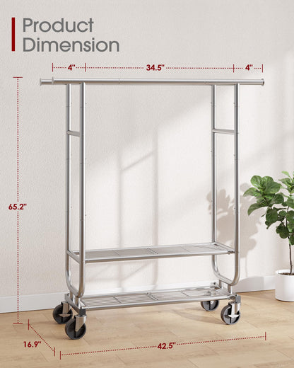 Sakugi Stainless Steel Clothes Rack with Wheels - Heavy-Duty Double Rod Garment Rack with 2-Tier Shelves & Side Bars, Rolling Closet Rack for Bedroom & Laundry Room, 42.5"x 16.9"x 65.2",Silver