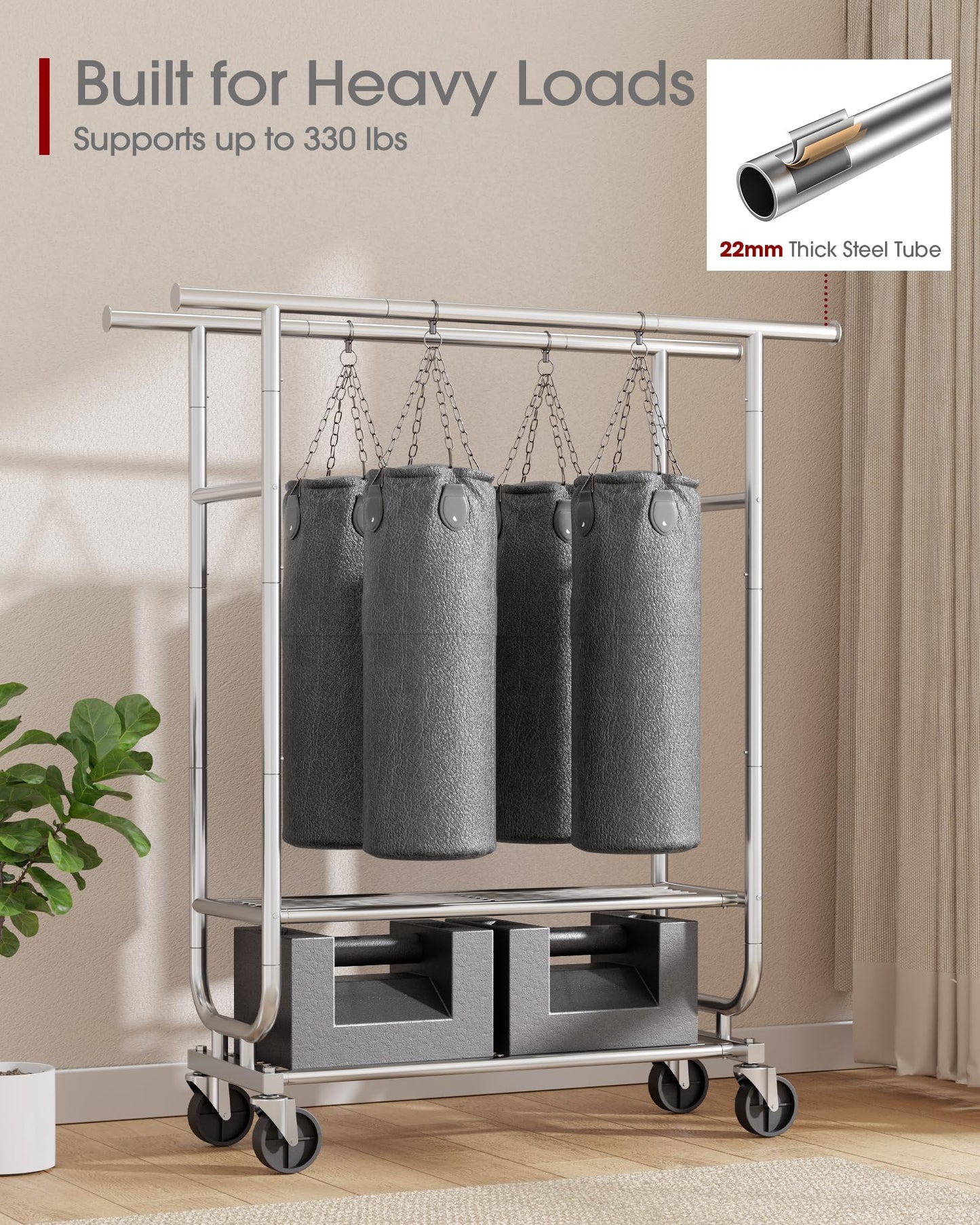 Sakugi Stainless Steel Clothes Rack with Wheels - Heavy-Duty Double Rod Garment Rack with 2-Tier Shelves & Side Bars, Rolling Closet Rack for Bedroom & Laundry Room, 42.5"x 16.9"x 65.2",Silver