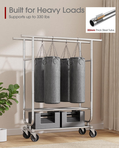 Sakugi Stainless Steel Clothes Rack with Wheels - Heavy-Duty Double Rod Garment Rack with 2-Tier Shelves & Side Bars, Rolling Closet Rack for Bedroom & Laundry Room, 42.5"x 16.9"x 65.2",Silver