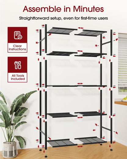 Sakugi Storage Shelves - 5-Tier Metal Storage Shelves with Wall Anchoring Kit & Leveling Feet, Sturdy Steel Shelf Organizer for Kitchen, Laundry Room, Bathroom, 23.6" x 13.7" x 59", Black