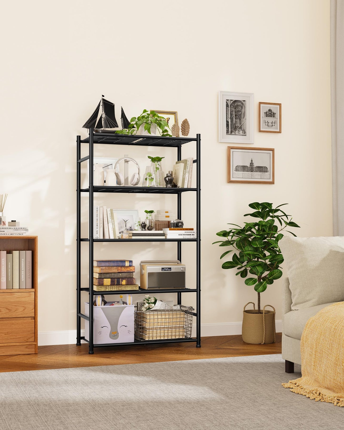 Sakugi Storage Shelves - 5-Tier Metal Storage Shelves with Wall Anchoring Kit & Leveling Feet, Sturdy Steel Shelf Organizer for Kitchen, Laundry Room, Bathroom, 23.6" x 13.7" x 59", Black