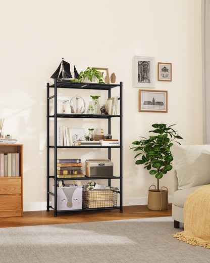 Sakugi Storage Shelves - 5-Tier Metal Storage Shelves with Wall Anchoring Kit & Leveling Feet, Sturdy Steel Shelf Organizer for Kitchen, Laundry Room, Bathroom, 23.6" x 13.7" x 59", Black