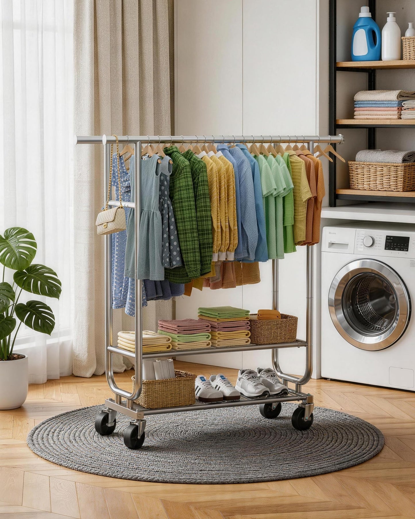 Sakugi Stainless Steel Clothes Rack with Wheels - Heavy-Duty Double Rod Garment Rack with 2-Tier Shelves & Side Bars, Rolling Closet Rack for Bedroom & Laundry Room, 42.5"x 16.9"x 65.2",Silver