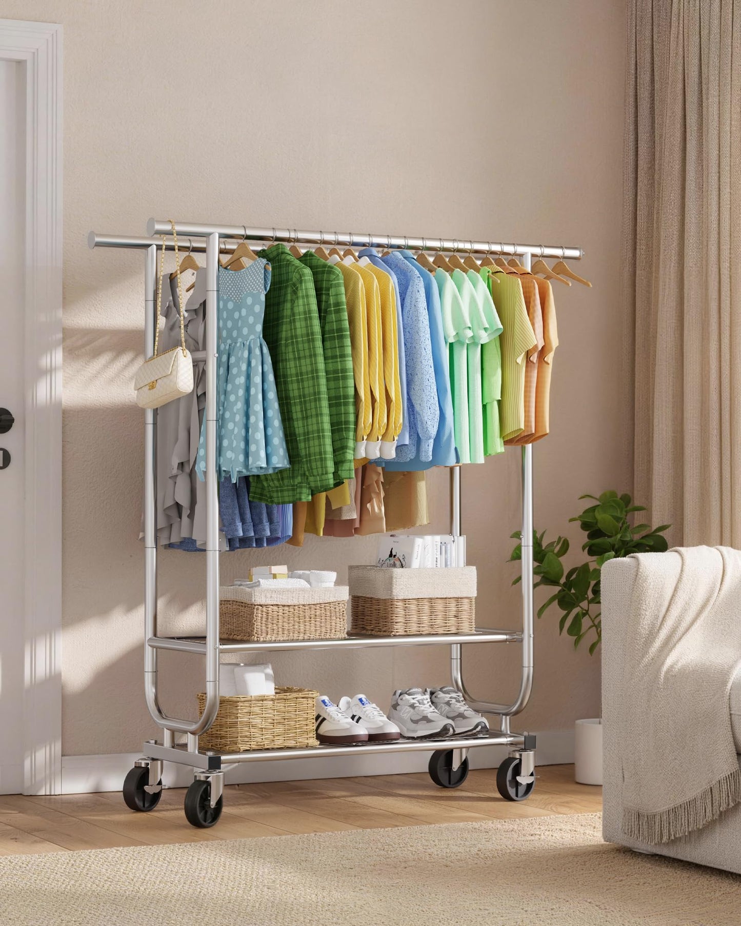 Sakugi Stainless Steel Clothes Rack with Wheels - Heavy-Duty Double Rod Garment Rack with 2-Tier Shelves & Side Bars, Rolling Closet Rack for Bedroom & Laundry Room, 42.5"x 16.9"x 65.2",Silver