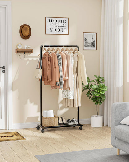 Sakugi Clothes Rack - Clothing Rack with Storage Mesh Shelf & Casters, Heavy-Duty Metal Clothing Rack for Hanging Clothes, Dresses, Coats, Large Load Capacity, Easy Assembly, Black, 28.0"x16.9"x59.0"