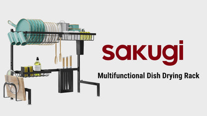 Dish Drying Rack - Large Over The Sink Dish Drainer Drying Rack (26.8" to 33.9" W), Large Capacity Stainless Steel Dish Rack, Multifunctional Kitchen Organizers and Storage Rack, Black