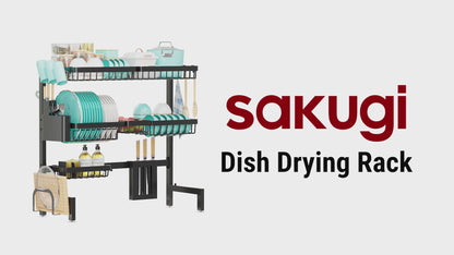 Sakugi Dish Drying Rack Over The Sink - Large Capacity Stainless Steel Dish Drainer, Multifunctional Kitchen Organizer, Black, 11" D x 30"~33.9''W x 21.5" H