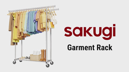Sakugi Clothes Rack - Large-Capacity Clothing Racks for Hanging Clothes with Lockable Wheels, Space-Saving Metal Coat Rack for Bedroom, Laundry Room, Entryway, 45.6" x 16.9" x 59", Silver