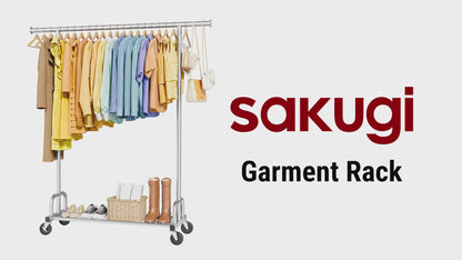 Sakugi Clothes Rack - Large-Capacity Clothing Racks for Hanging Clothes with Lockable Wheels, Space-Saving Metal Coat Rack for Bedroom, Laundry Room, Entryway, 45.6" x 16.9" x 59", Silver