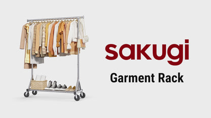 Sakugi Heavy-Duty Clothes Rack, Stainless Steel Garment Stand with Mesh Shelf, Lockable Wheels & Anti-Slip Stoppers, Rolling Clothing Rack for Bedroom Storage, 42.5" x 16.5" x 65.9", Silver