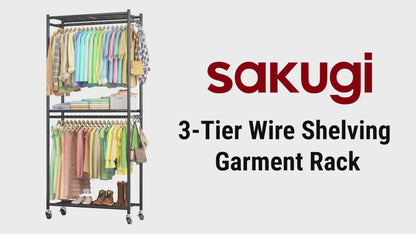 Sakugi Clothes Rack - 33.0" x 12.2" x 79.5" Clothing Rack with Shelves & Wheels, Multi-Functional Wardrobe Closet with Hooks, Sturdy Metal Garment Rack for Bedroom, Laundry, Balcony (Black)
